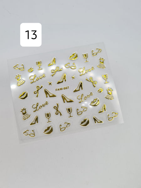 Variety of gold nail art stickers. Please match picture number with style number